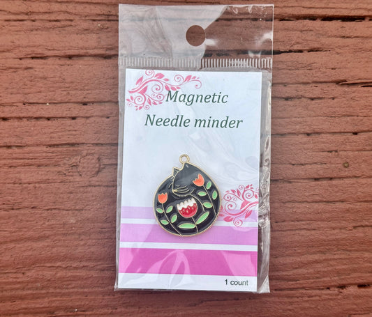 Enamel Needle Minder- Black cat with flowers (Round)