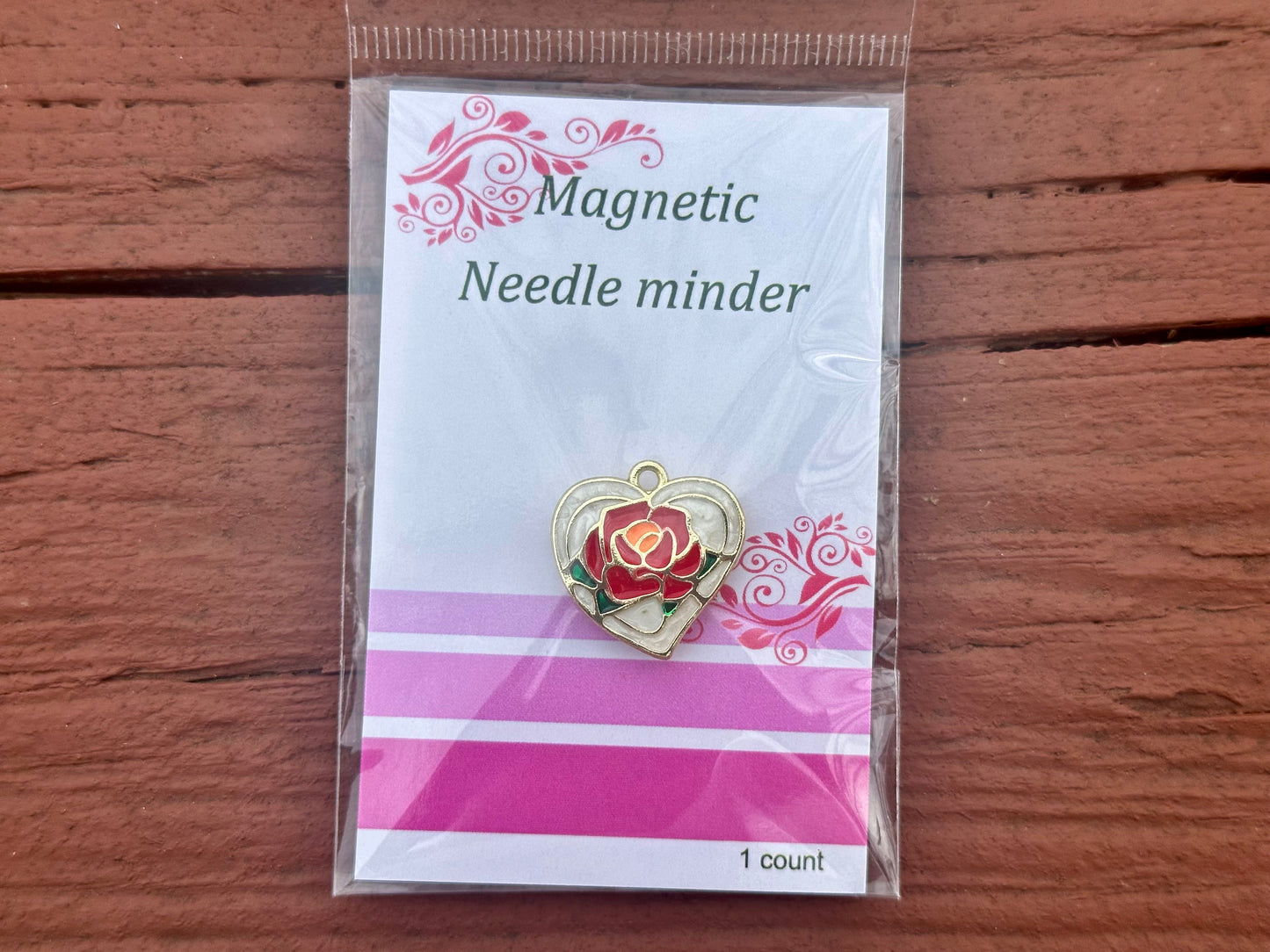 Enamel Needle Minder- White heart with Rose