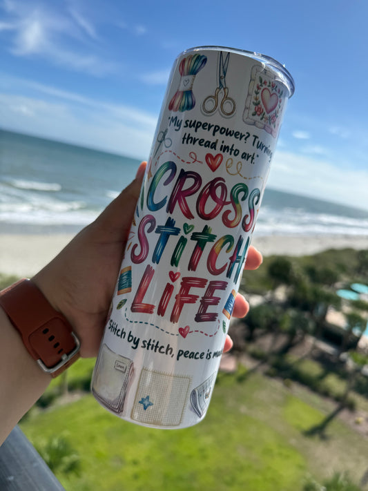 Cross Stitch Life Tumbler by The Pink Giraffe
