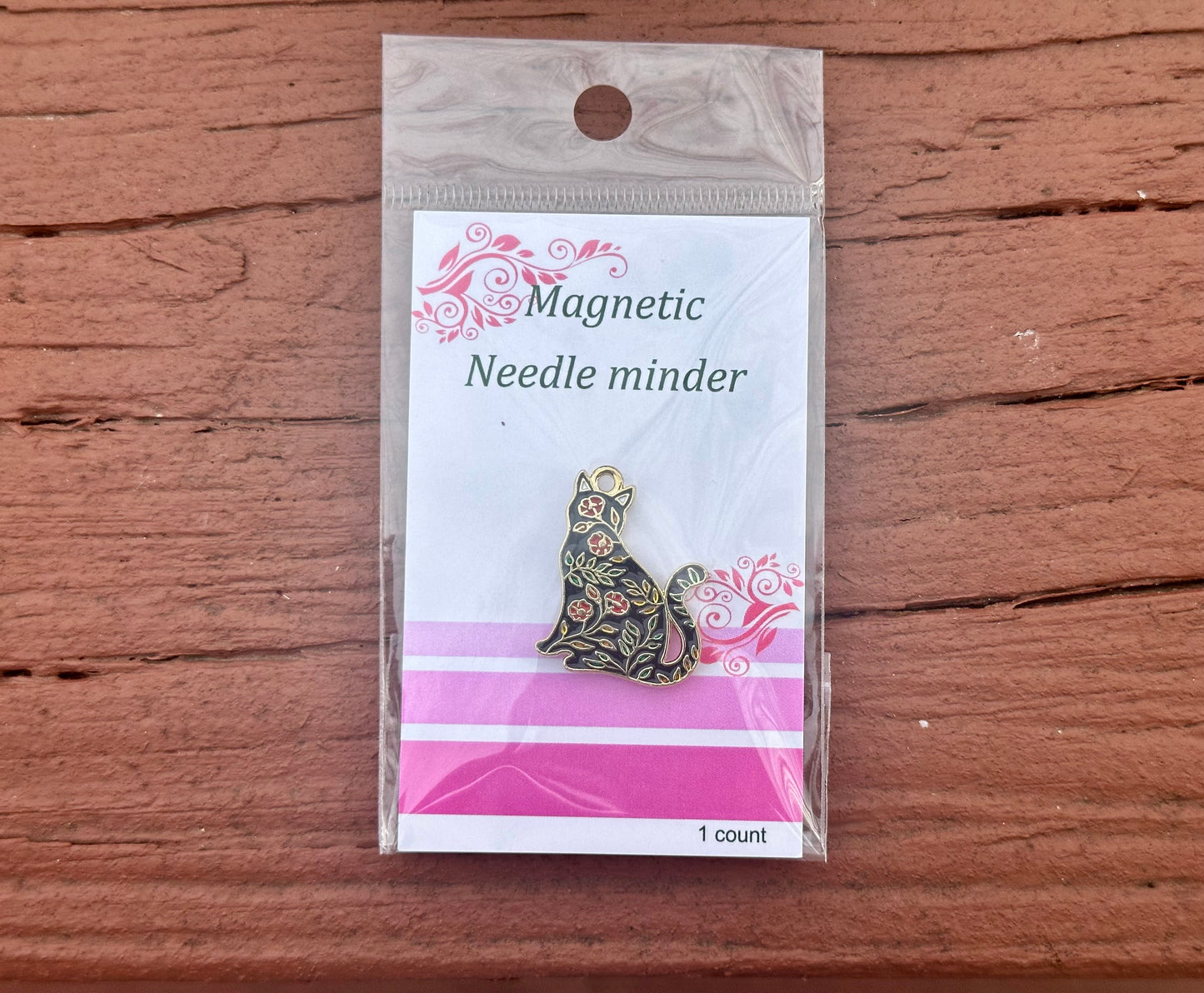 Enamel Needle Minder- Black floral cat