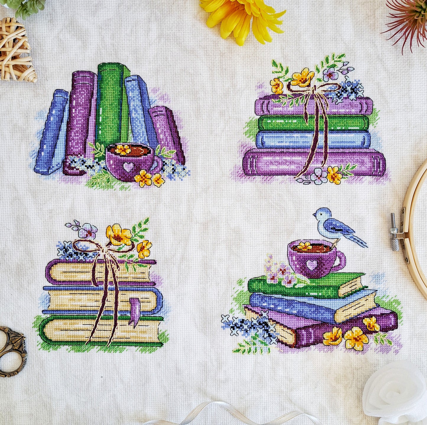 *PREORDER* Books, Flowers, and Tea Sampler by Artmishka for Needlework Marketplace