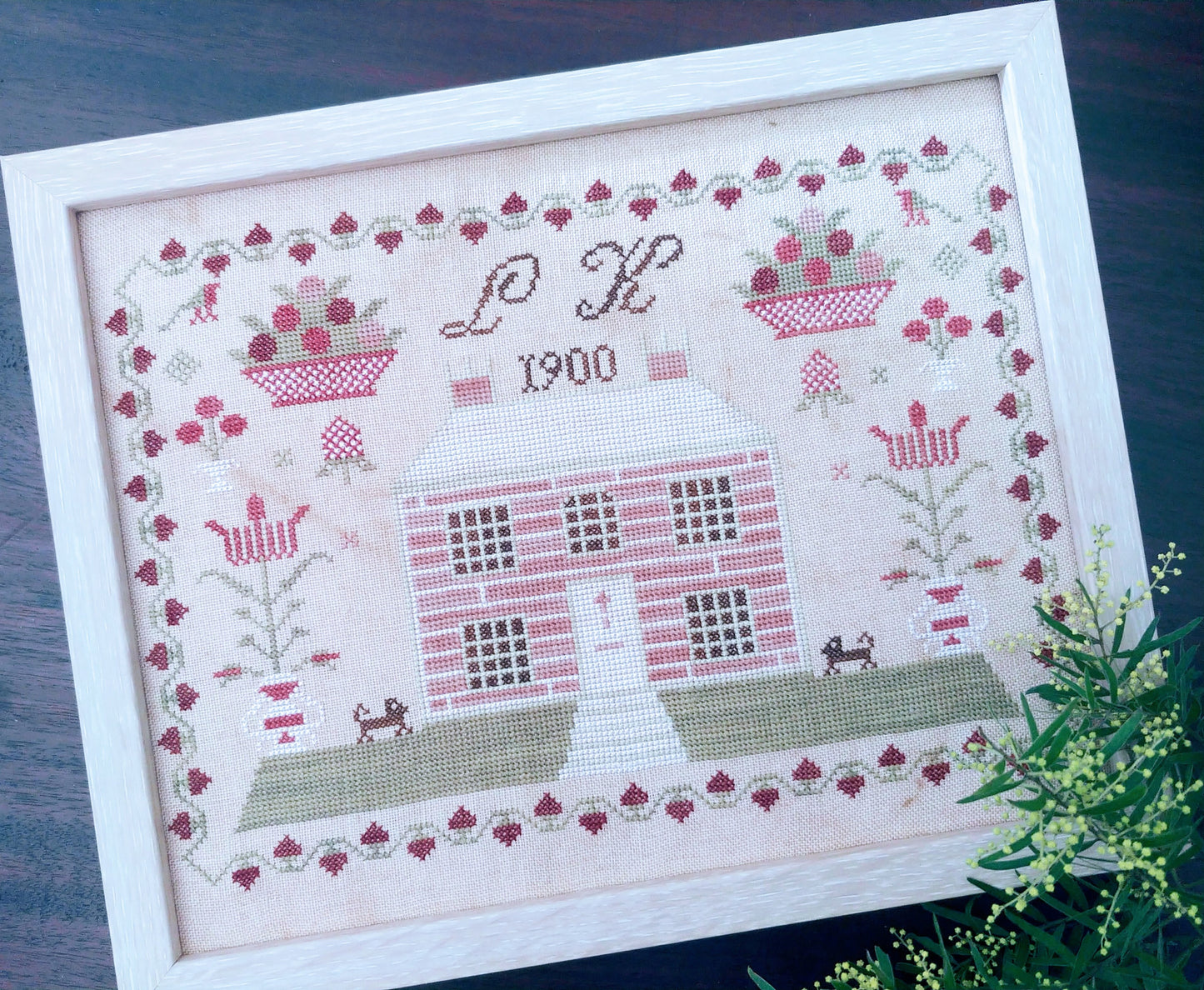 *PREORDER* LK 1900: A antique reproduction pink house sampler by Mojo Stitches for Needlework Marketplace