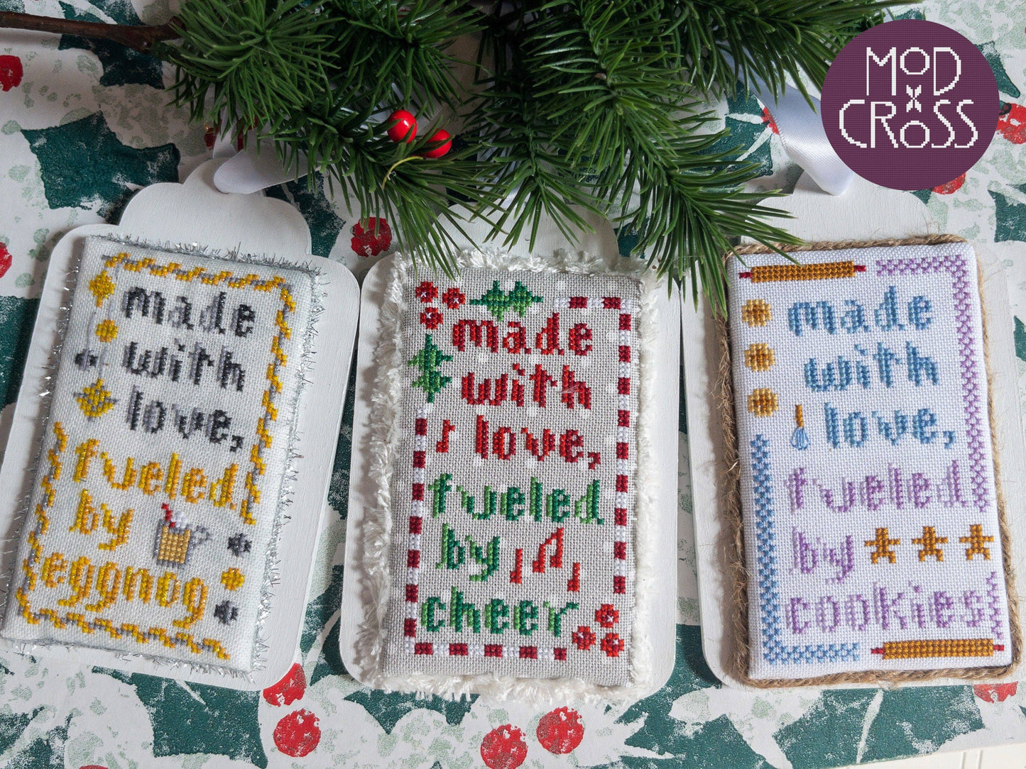 Made with love gift tag trio by ModCross Patterns for Needlework Marketplace