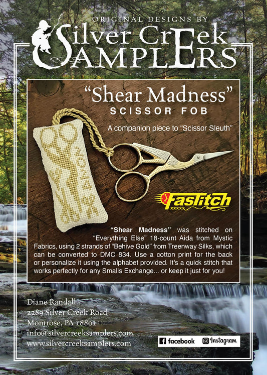 *PREORDER* Shear madness scissor fob by Silver Creek Samplers for Needlework Marketplace