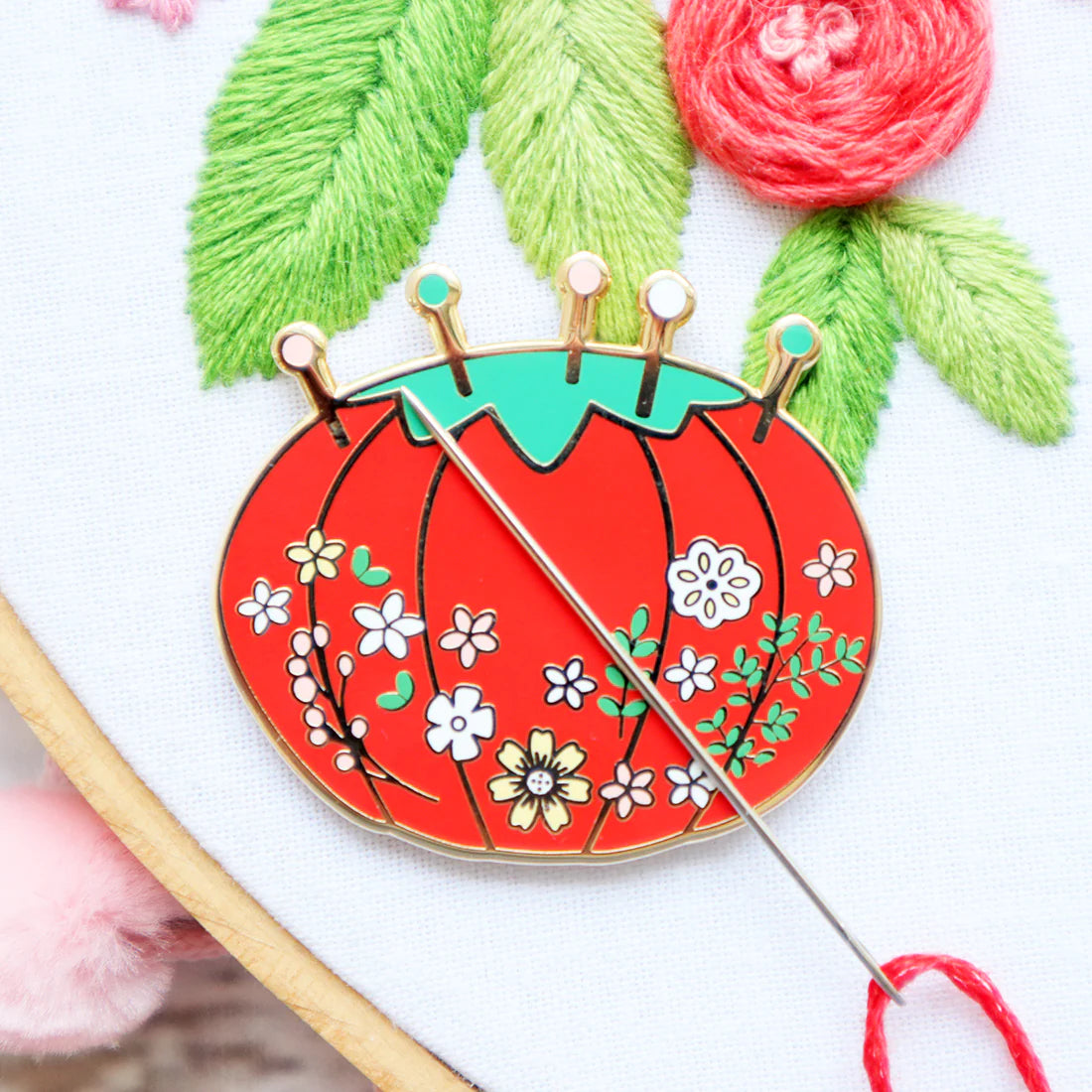 Vintage Tomato Floral Pin Cushion Magnetic Needle Minder by Flamingo Toes
