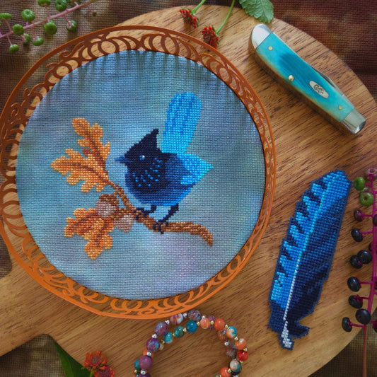 *Preorder* Steller's Jay and Feather Bookmark by BAD Stitch Neeedlework